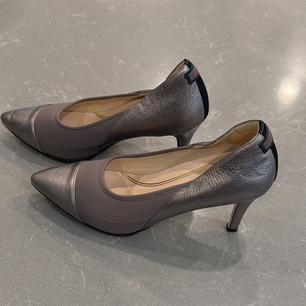 Cole Haan Metallic Gray Pointed-Toe Mid Heel Pumps